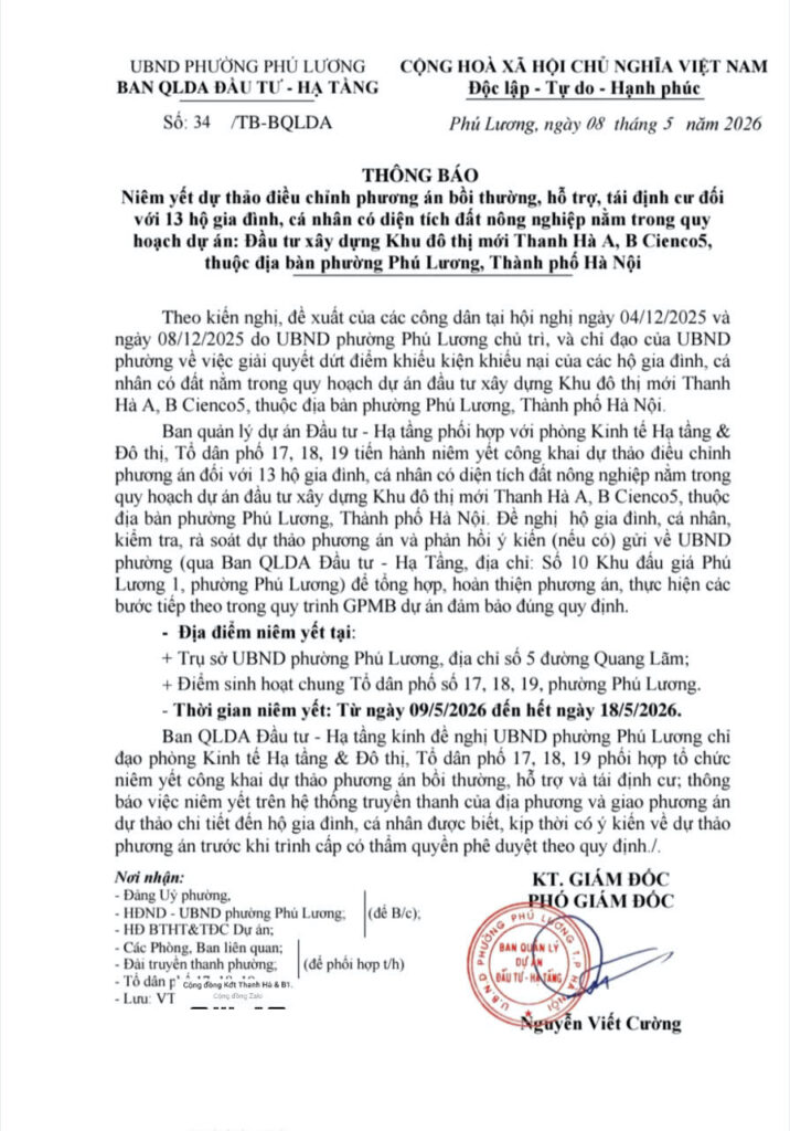 điều chỉnh phương án bồi thường tái định cư khu đô thị thanh hà